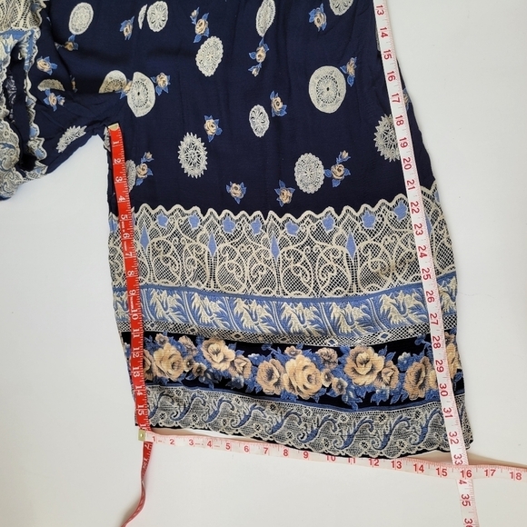 Vtg Estrella Blue and Beige Wide Leg Crop Pants Womans XL Floral Gypsie Palazzo - Picture 13 of 17